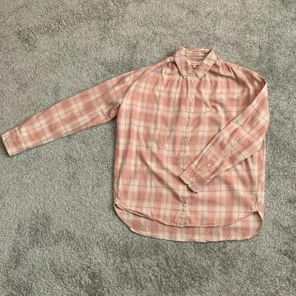 Madewell pink and cream plaid button down ruching on shoulder size XS - Picture 1 of 9